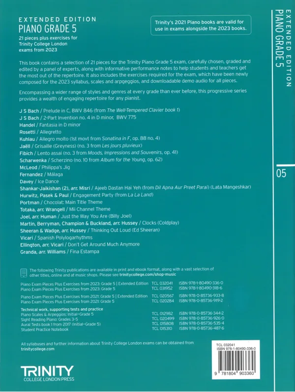 Back Cover of Trinity "Piano Exam Pieces Grade 5" book from 2023, Extended Edition, designed for those preparing for piano exams.