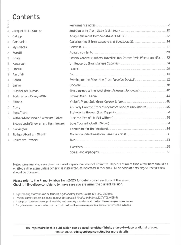 Trinity "Piano Exam Pieces Grade 6" from 2023 book, Extended Edition, designed for those preparing for piano exams.