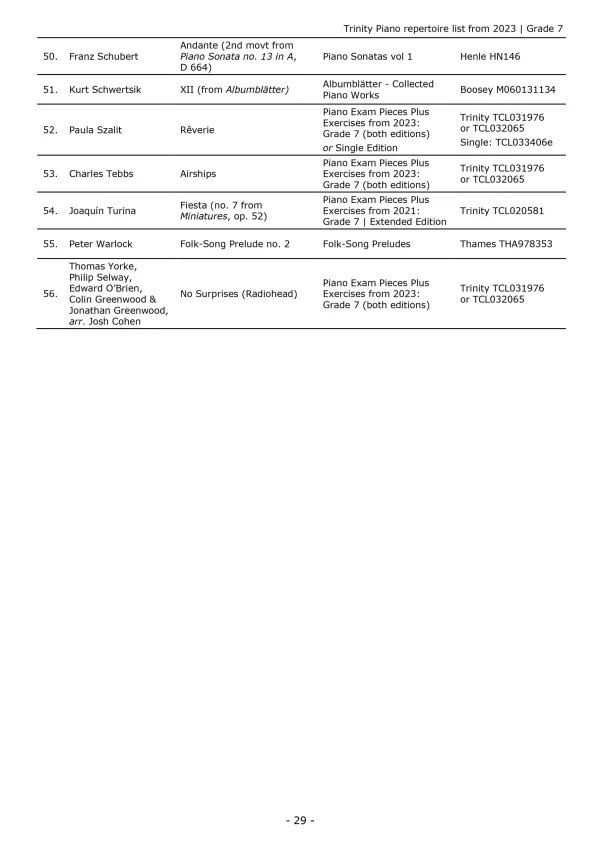 Trinity "Piano Exam Pieces Grade 7" from 2023 book, Extended Edition, designed for those preparing for piano exams.