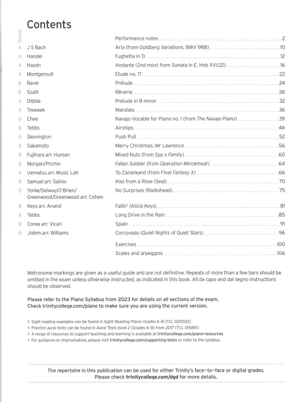 Trinity "Piano Exam Pieces Grade 7" from 2023 book, Extended Edition, designed for those preparing for piano exams.