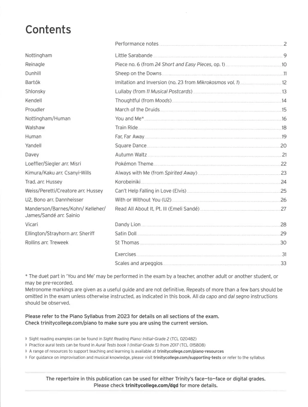 Trinity "Piano Exam Pieces Initial Grade" book from 2023, designed for those preparing for piano exams.