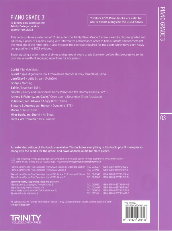 Back Cover of Trinity "Piano Exam Pieces Grade 3" book from 2023, designed for those preparing for piano exams.