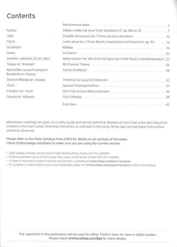 Trinity "Piano Exam Pieces Grade 5" book from 2023, designed for those preparing for piano exams.