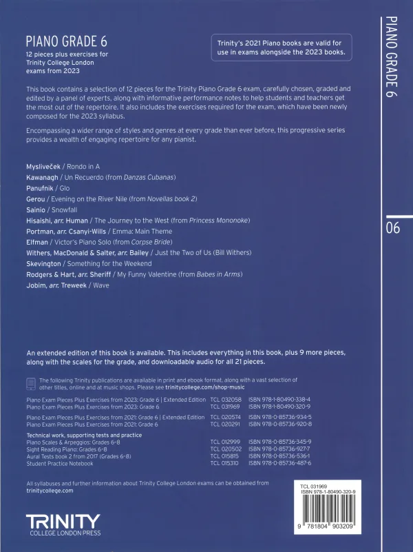 Back Cover of Trinity "Piano Exam Pieces Grade 6" book from 2023, designed for those preparing for piano exams.