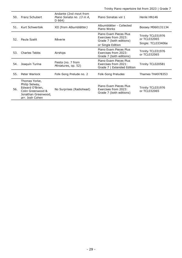 Trinity "Piano Exam Pieces Grade 7" book from 2023, designed for those preparing for piano exams.