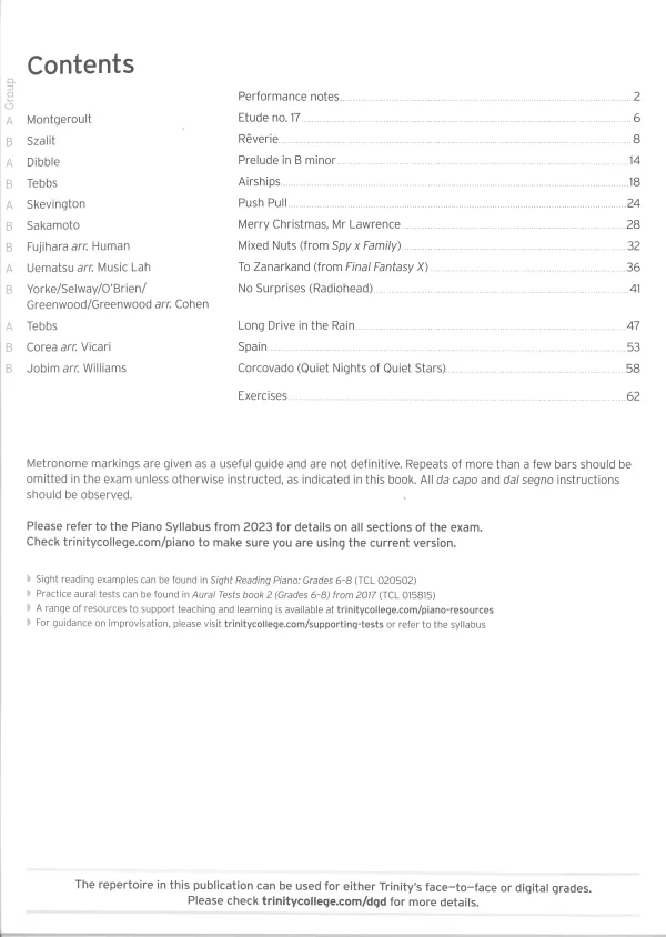 Trinity "Piano Exam Pieces Grade 7" book from 2023, designed for those preparing for piano exams.