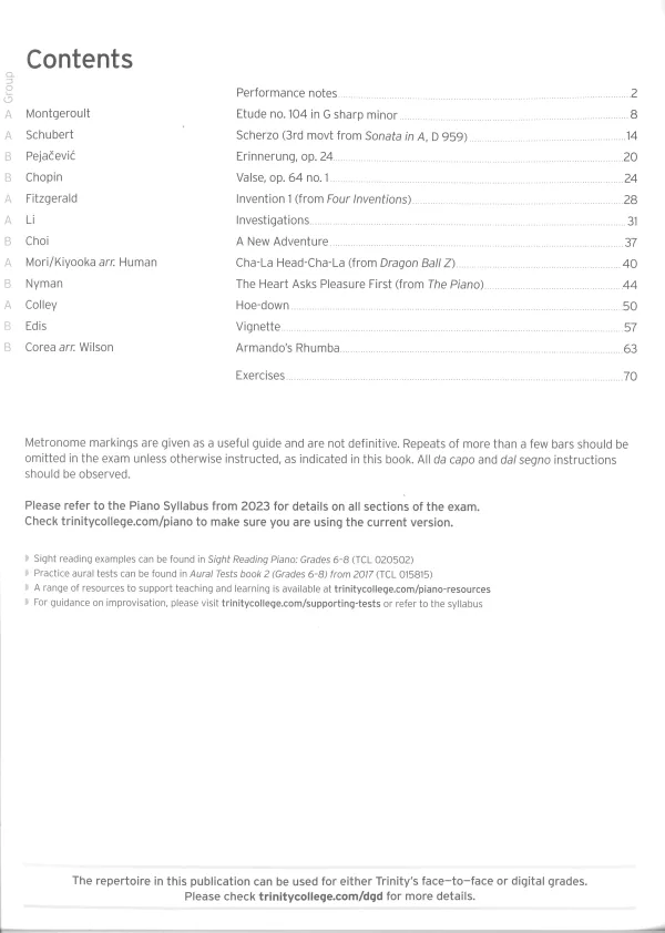 Trinity "Piano Exam Pieces Grade 8" book from 2023, designed for those preparing for piano exams.