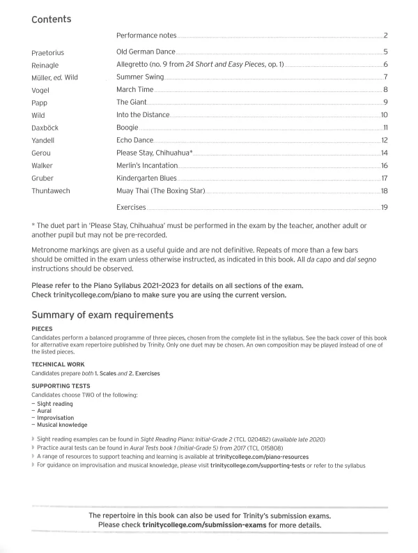 Trinity "Piano Exam Pieces Initial Grade" book from 2023, designed for those preparing for piano exams.