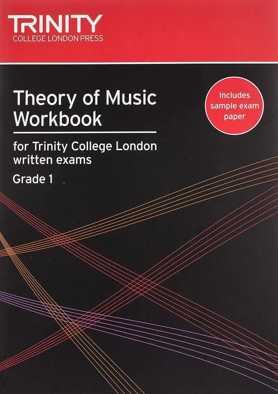 Workbook for Grade 1 music theory from the Trinity College of London, featuring exercises and lessons for students