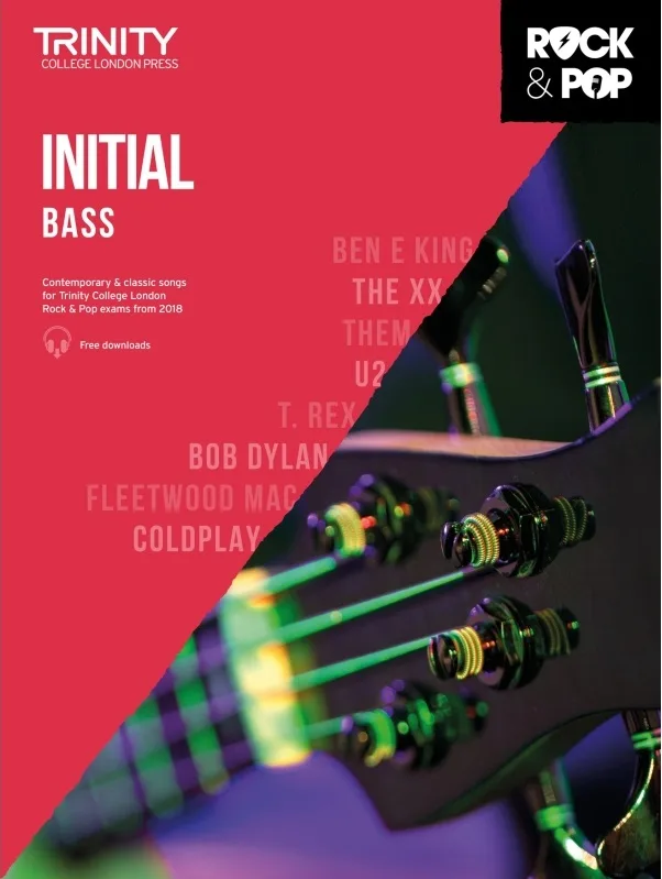 Cover of "Trinity College London Press Initial Bass" book with a partial view of a bass guitar.