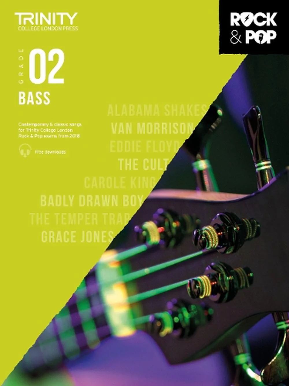 Cover of "Trinity College London Press Grade 02 Bass" book with a partial view of a bass guitar.