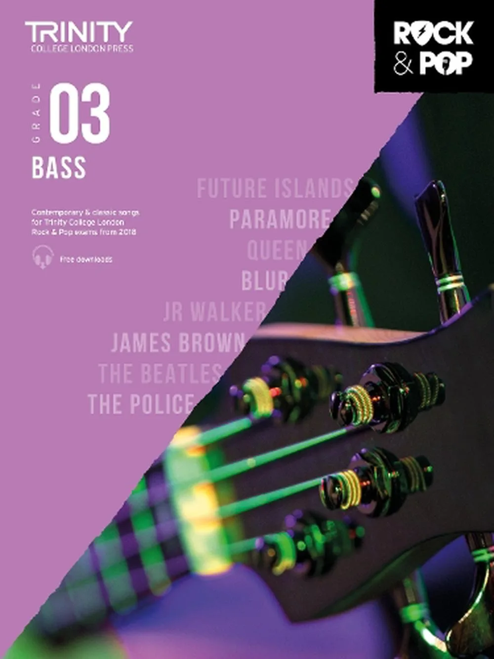 Cover of "Trinity College London Press Grade 03 Bass" book with a partial view of a bass guitar.