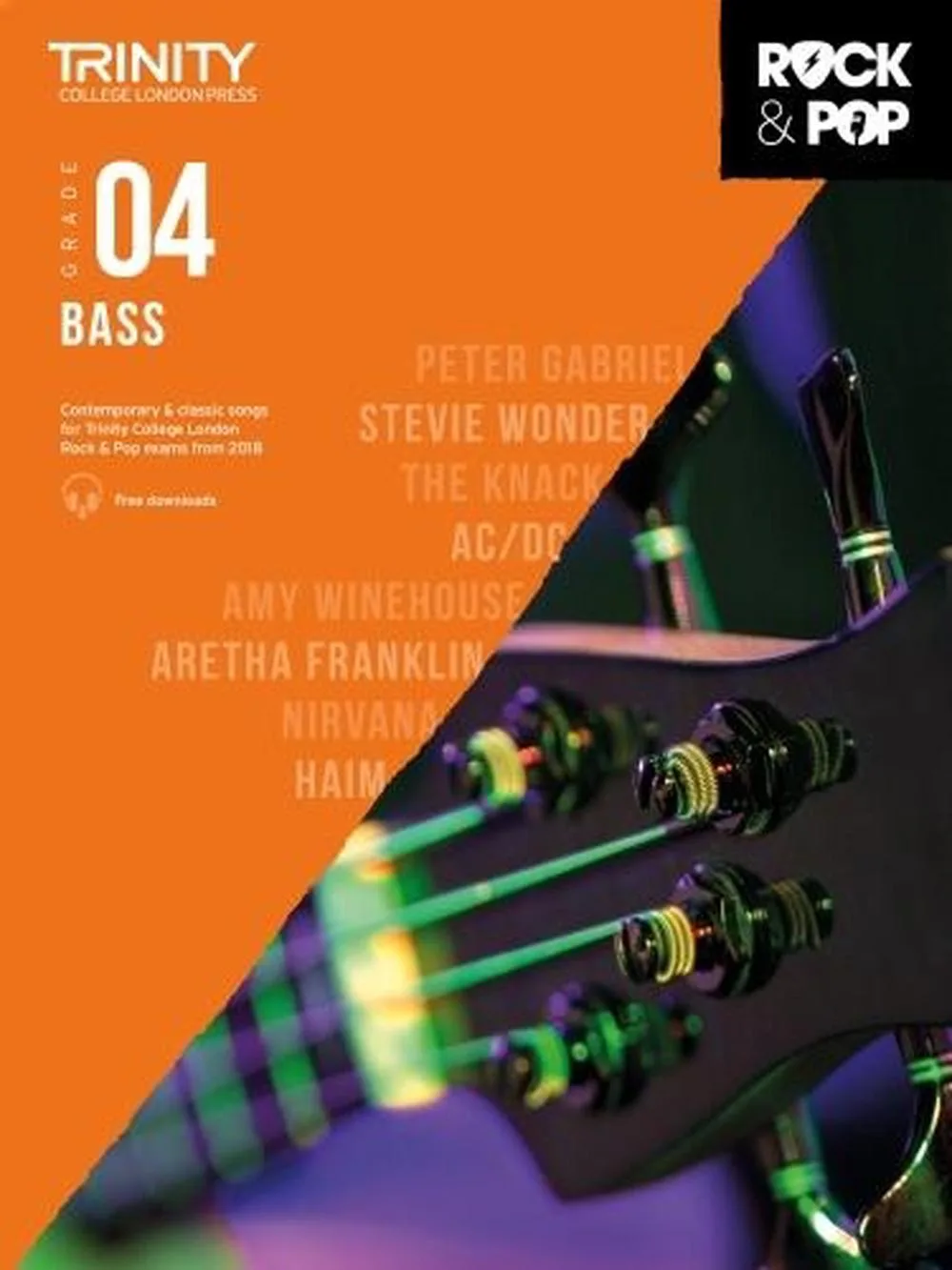 Cover of "Trinity College London Press Grade 04 Bass" book with a partial view of a bass guitar.