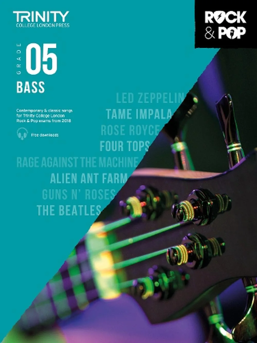 Cover of "Trinity College London Press Grade 05 Bass" book with a partial view of a bass guitar.