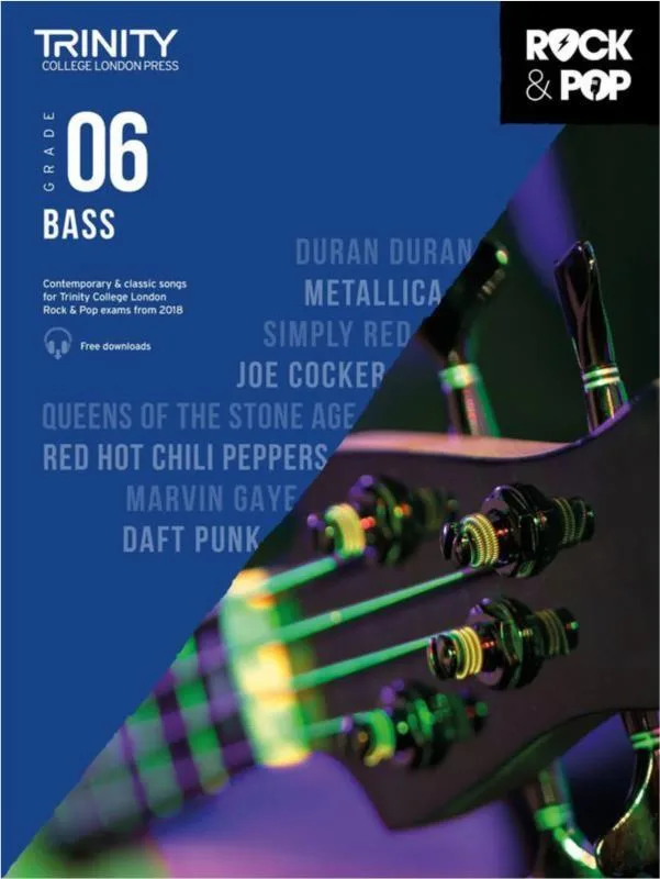 Cover of "Trinity College London Press Grade 06 Bass" book with a partial view of a bass guitar.