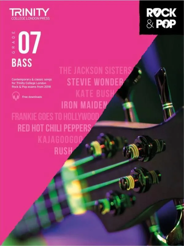 Cover of "Trinity College London Press Grade 07 Bass" book with a partial view of a bass guitar.