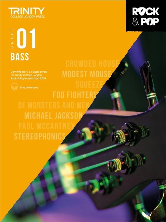 Cover of "Trinity College London Press Grade 01 Bass" book with a partial view of a bass guitar.