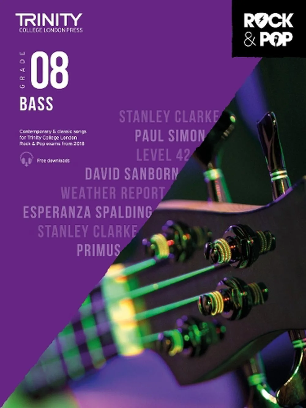 Cover of "Trinity College London Press Grade 08 Bass" book with a partial view of a bass guitar.