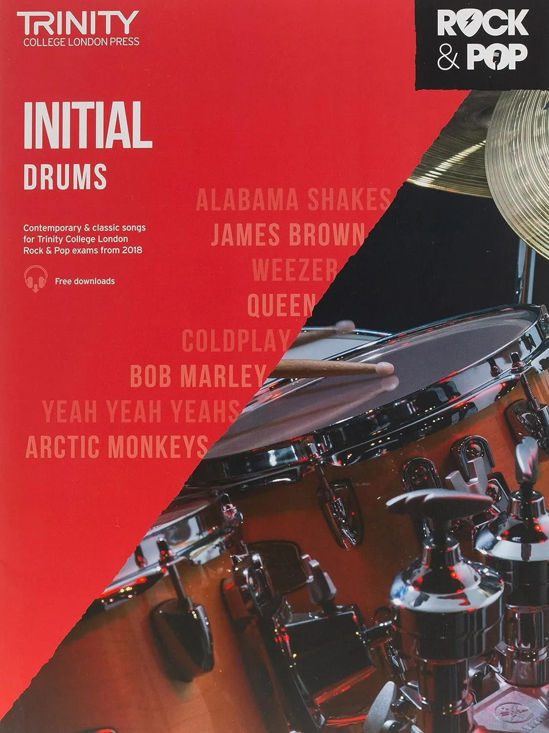 Cover of Trinity College London Initial Drums music book with artists' names and drums.