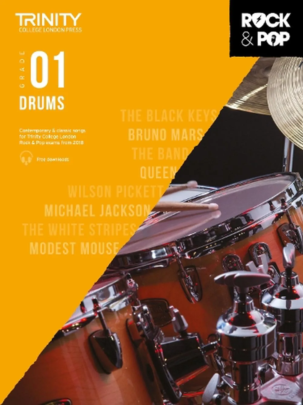 Cover of Trinity College London Grade 1 Drums music book with artists' names and drums.