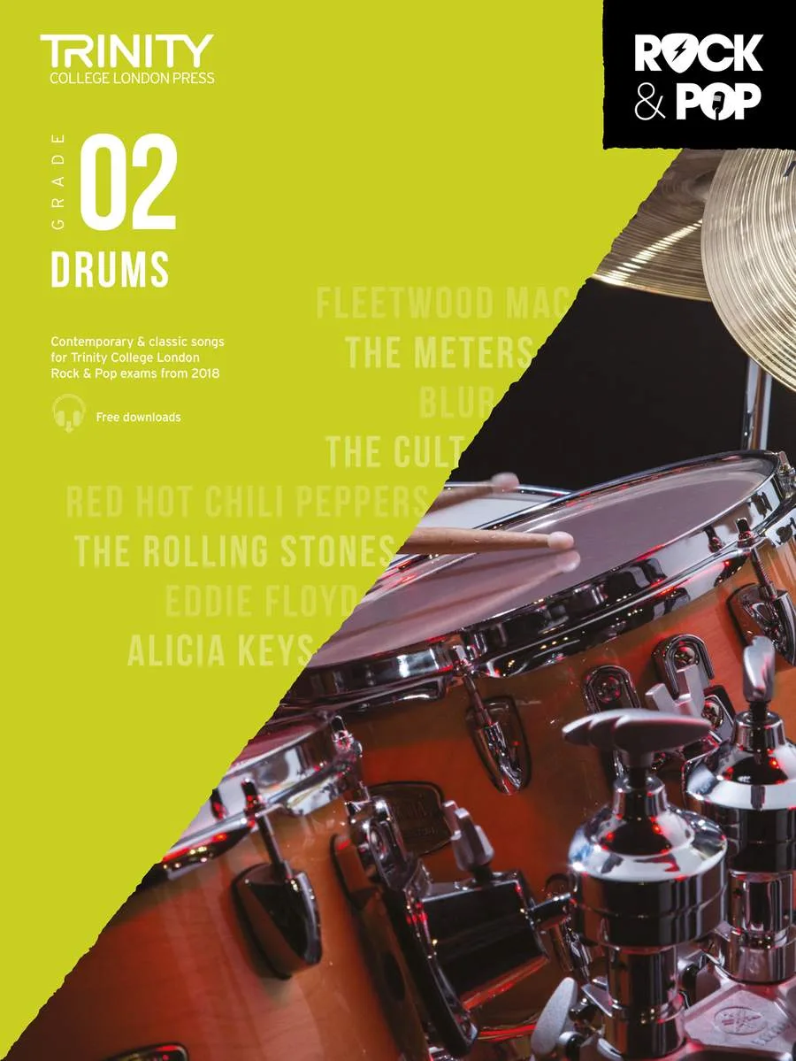 Cover of Trinity College London Grade 2 Drums music book with artists' names and drums.