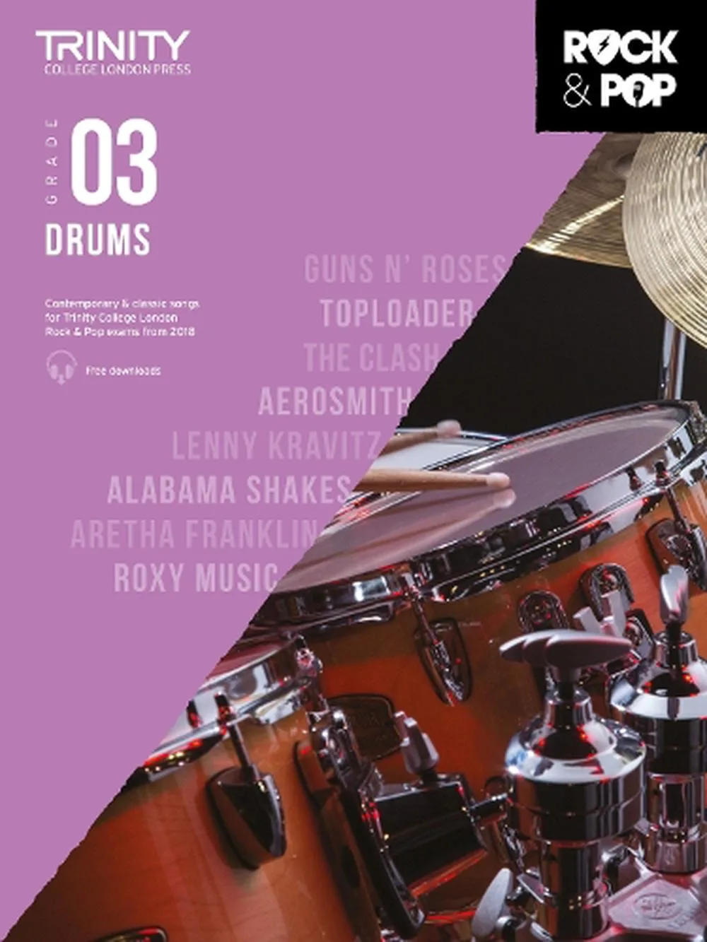 Cover of Trinity College London Grade 3 Drums music book with artists' names and drums.