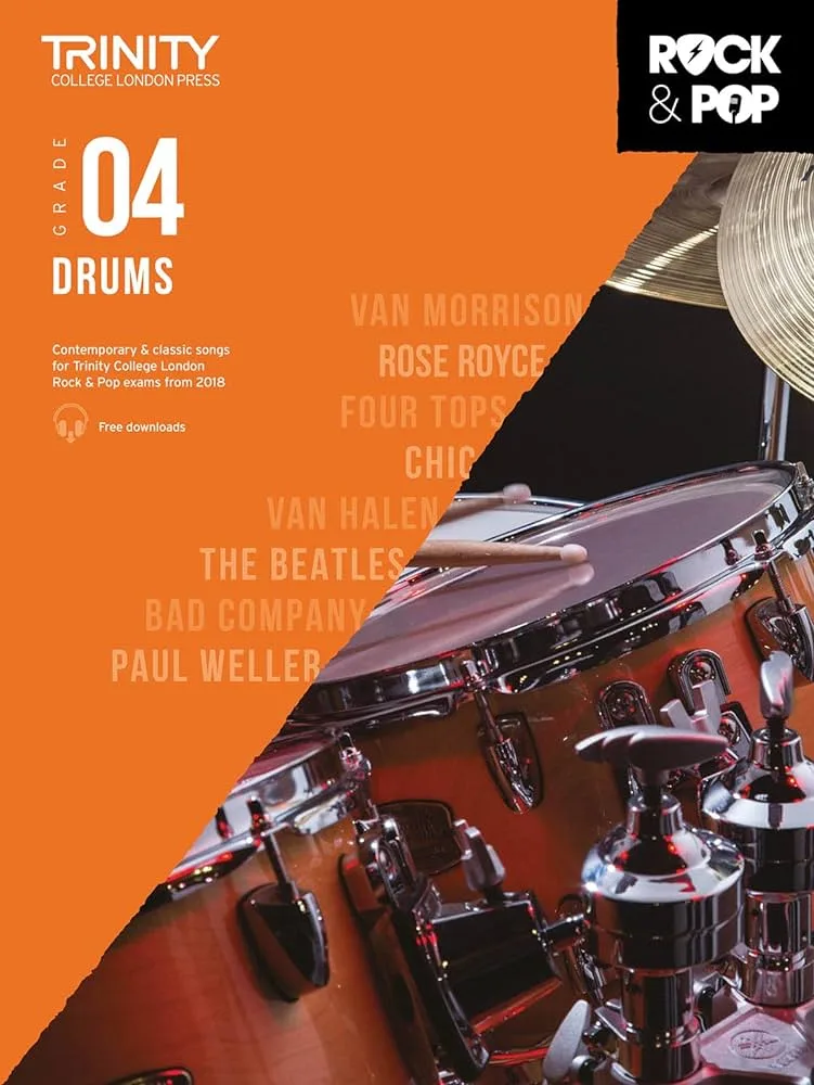 Cover of Trinity College London Grade 4 Drums music book with artists' names and drums.