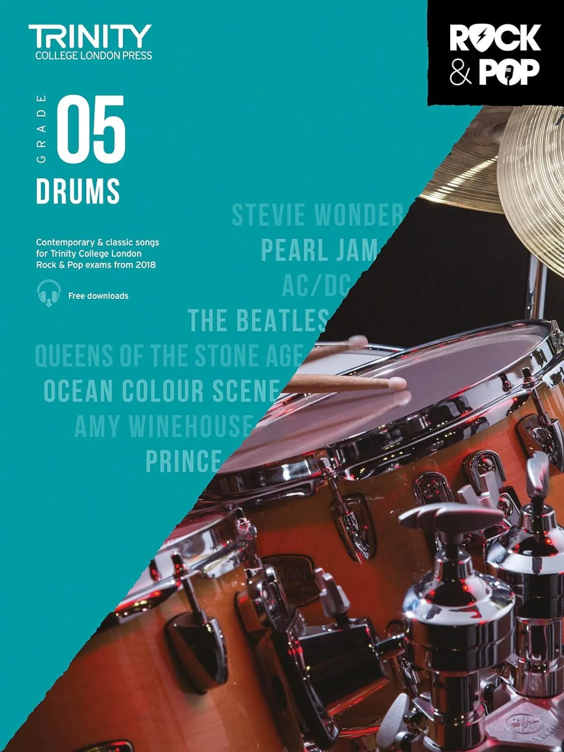 Cover of Trinity College London Grade 5 Drums music book with artists' names and drums.