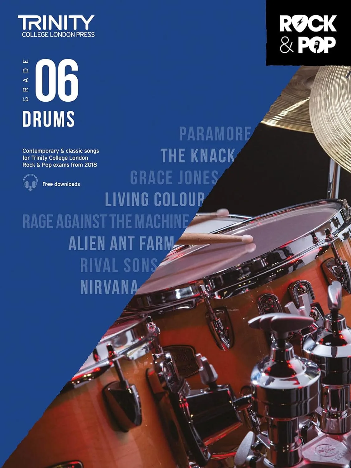 Cover of Trinity College London Grade 6 Drums music book with artists' names and drums.