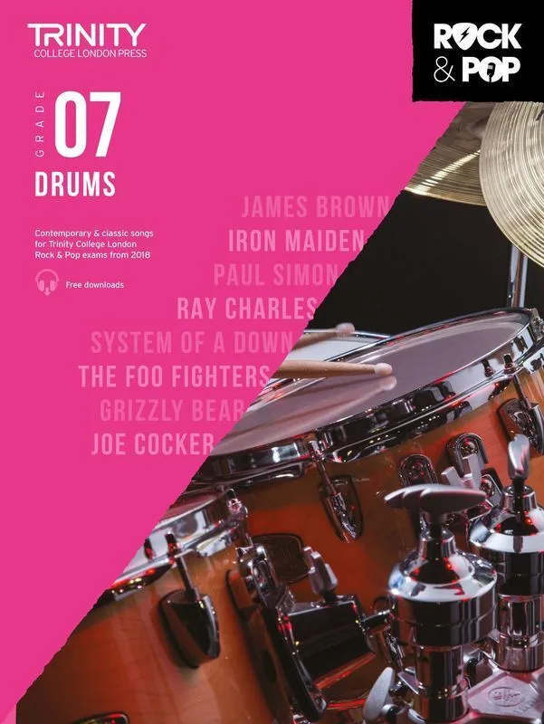 Cover of Trinity College London Grade 7 Drums music book with artists' names and drums.