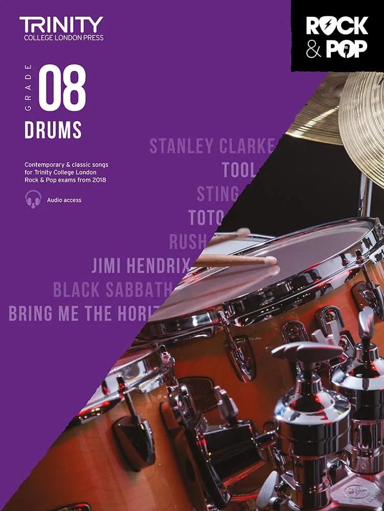 Cover of Trinity College London Grade 8 Drums music book with artists' names and drums.