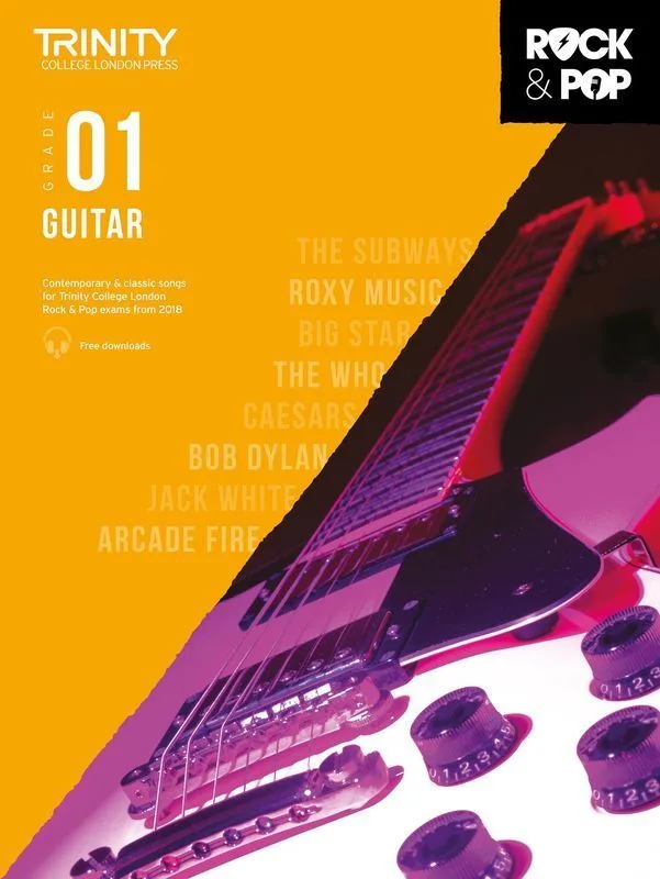 Cover of "Trinity Rock & Pop Guitar Grade 1" with a close-up of a guitar's bridge and strings.