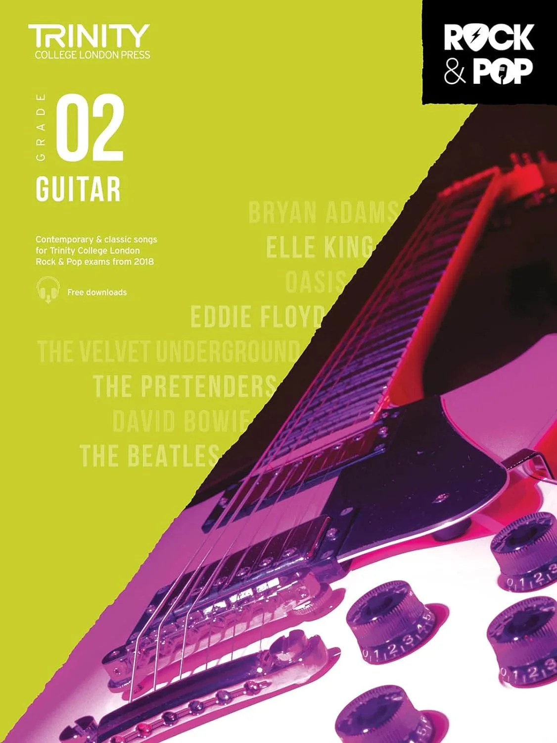 Cover of "Trinity Rock & Pop Guitar Grade 2" with a close-up of a guitar's bridge and strings.