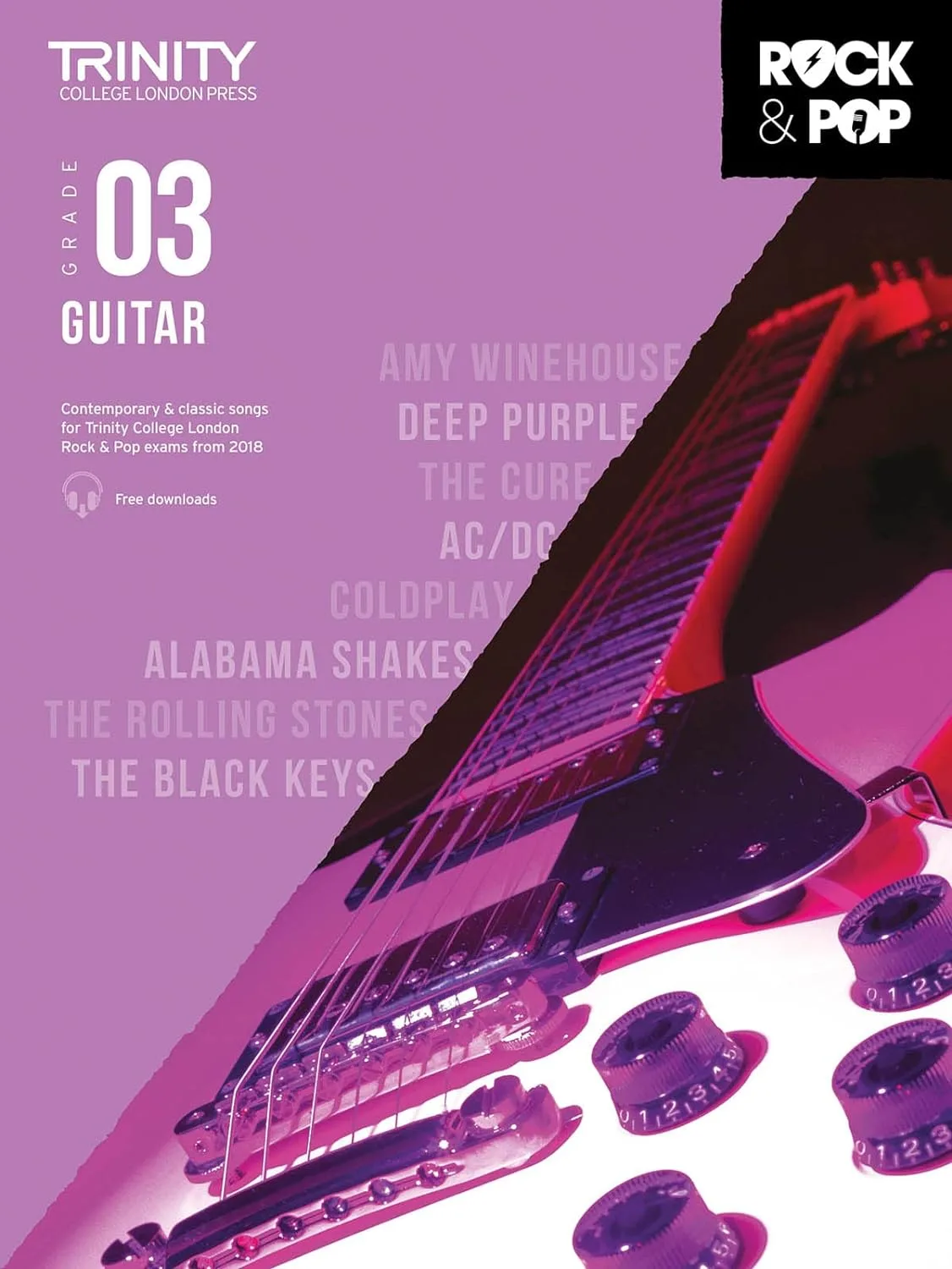 Cover of "Trinity Rock & Pop Guitar Grade 3" with a close-up of a guitar's bridge and strings.