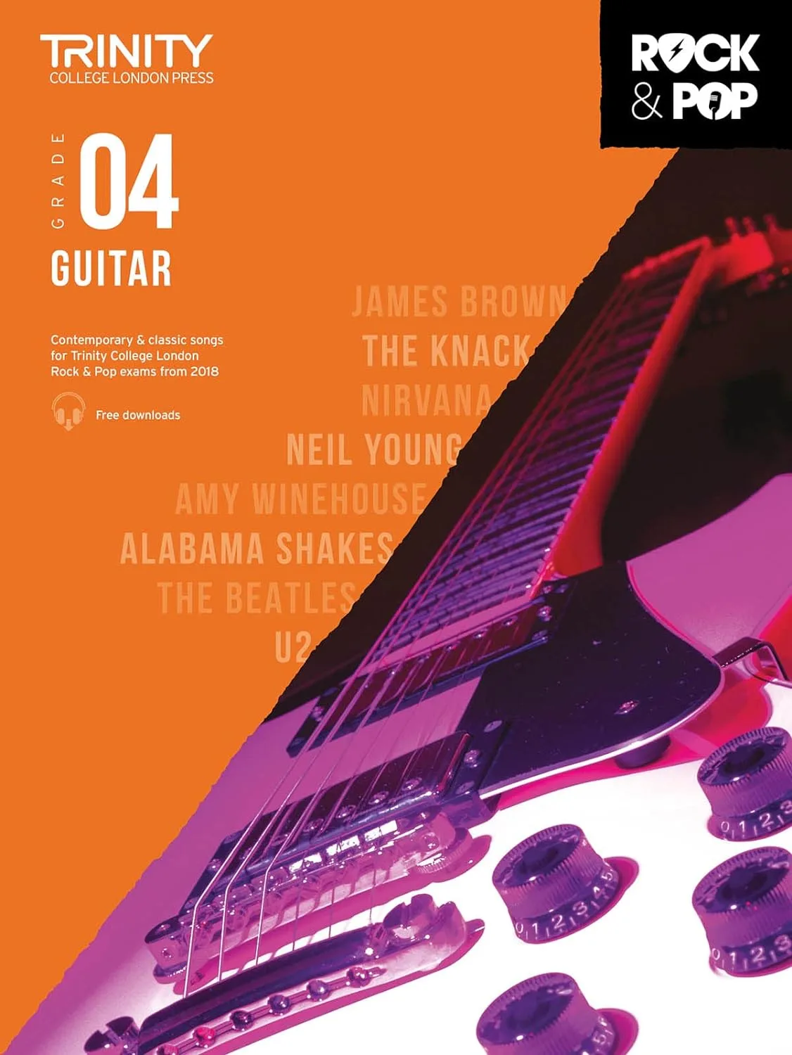 Cover of "Trinity Rock & Pop Guitar Grade 4" with a close-up of a guitar's bridge and strings.