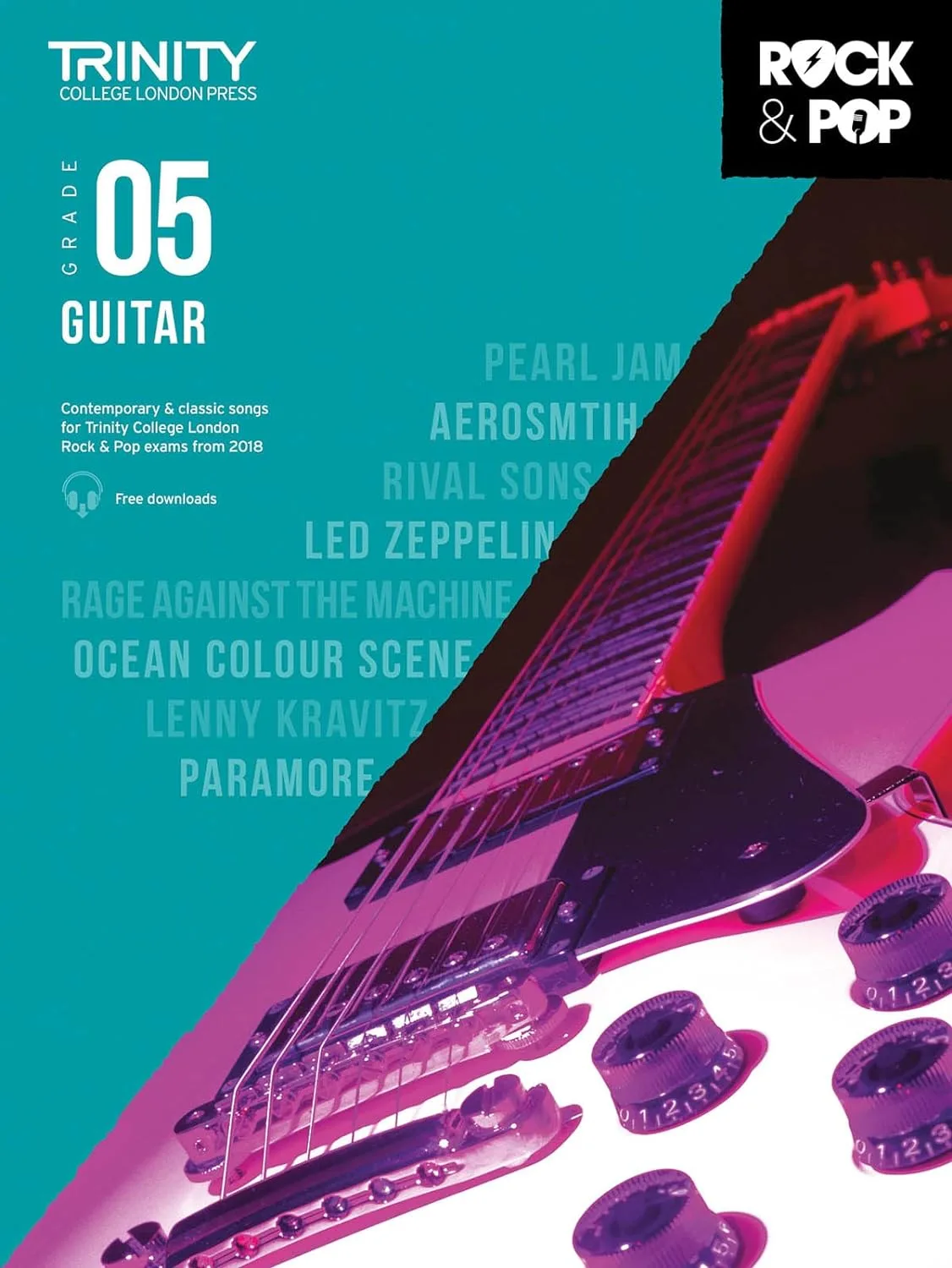 Cover of "Trinity Rock & Pop Guitar Grade 5" with a close-up of a guitar's bridge and strings.