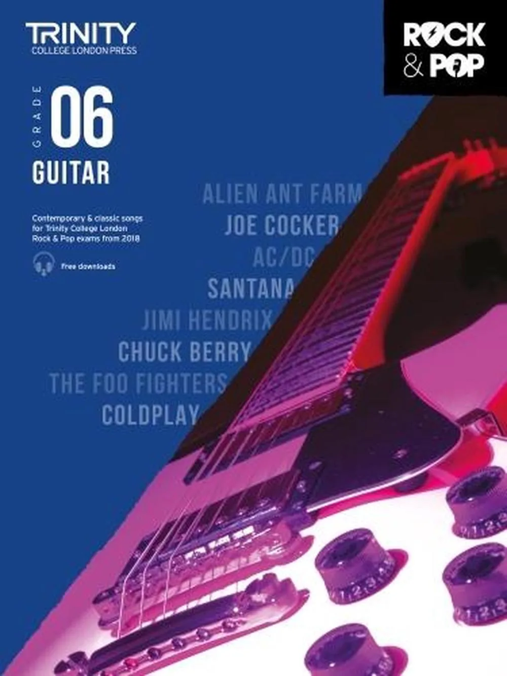 Cover of "Trinity Rock & Pop Guitar Grade 6" with a close-up of a guitar's bridge and strings.