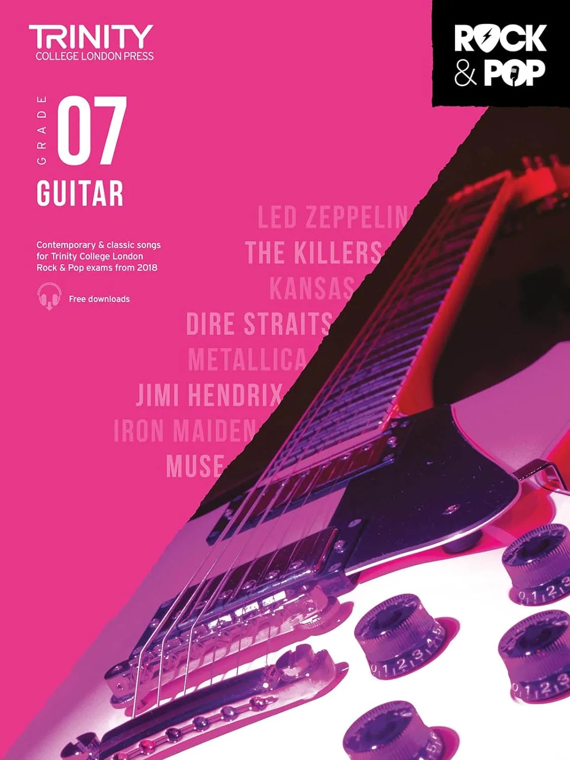 Cover of "Trinity Rock & Pop Guitar Grade 7" with a close-up of a guitar's bridge and strings.