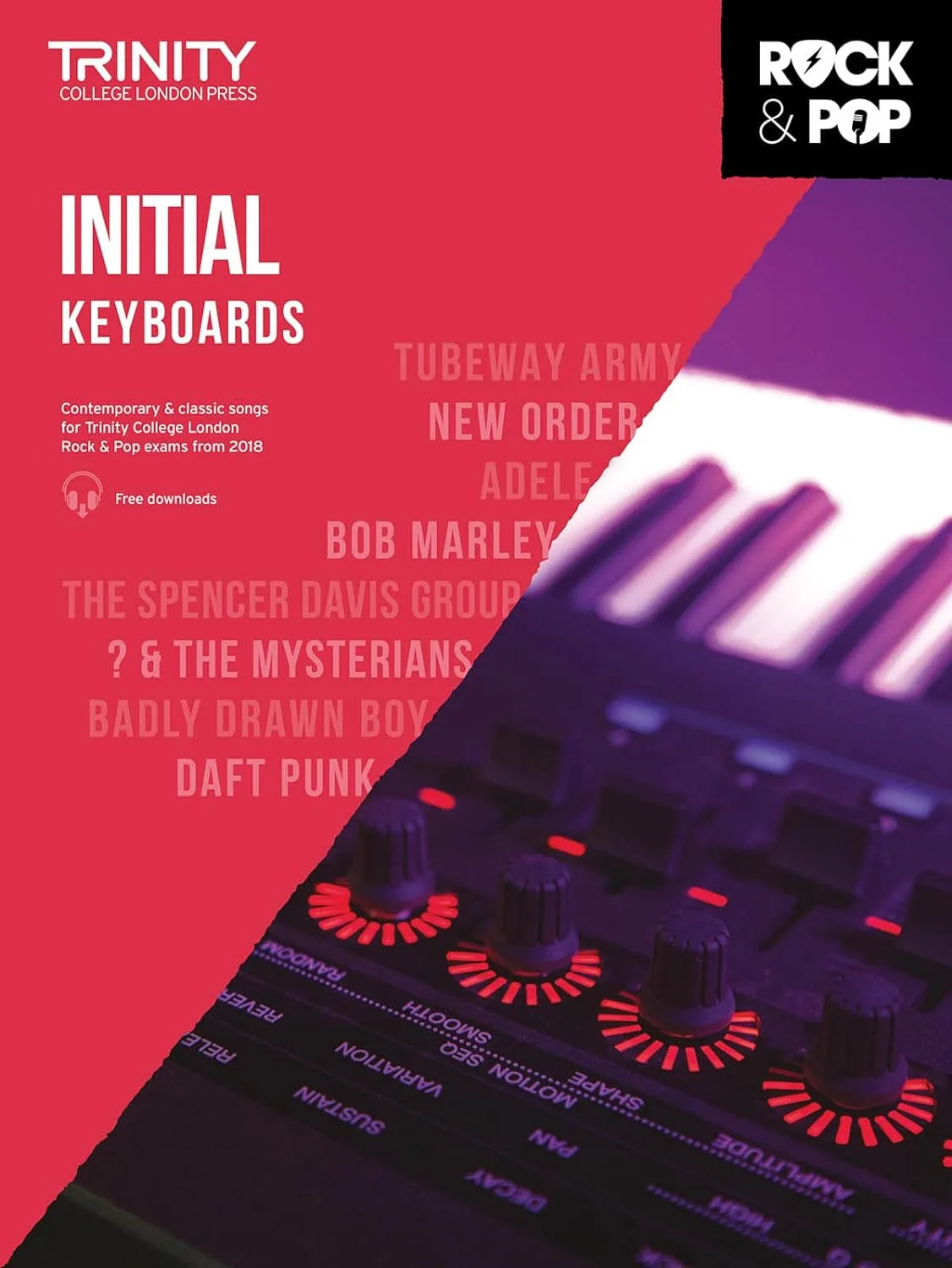 Cover of "Trinity College London Initial Keyboards" music book with artist names and keyboard close-up.