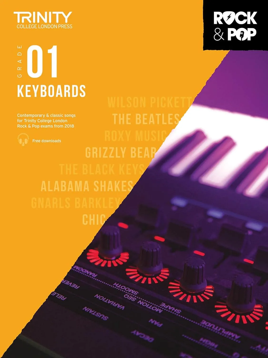 Cover of "Trinity College London Grade 1 Keyboards" music book with artist names and keyboard close-up.