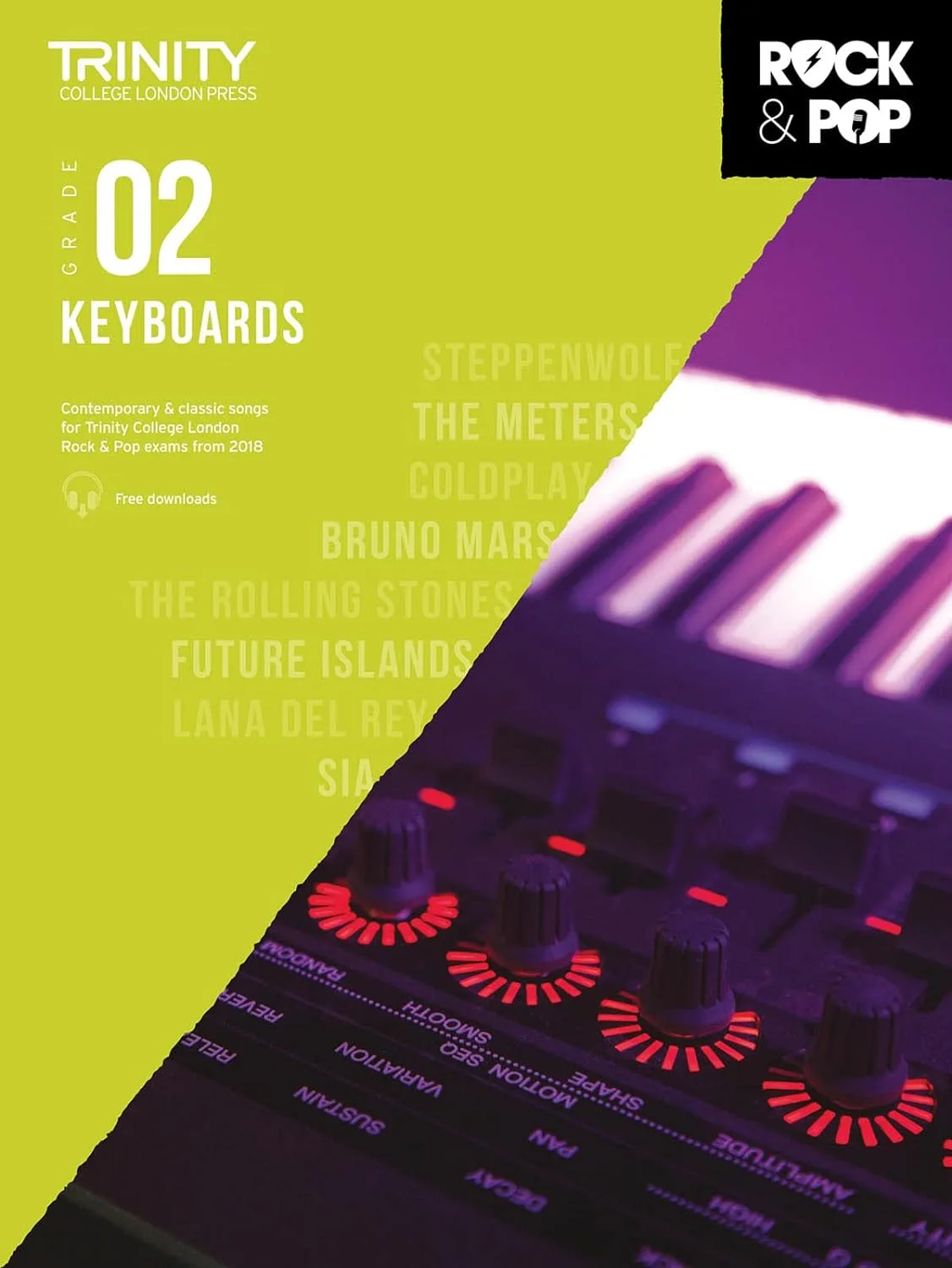 Cover of "Trinity College London Grade 2 Keyboards" music book with artist names and keyboard close-up.