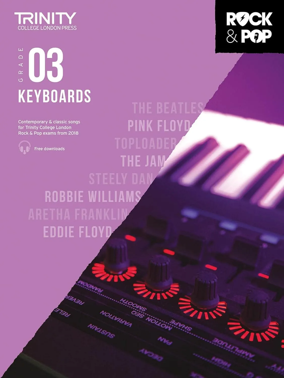 Cover of "Trinity College London Grade 3 Keyboards" music book with artist names and keyboard close-up.