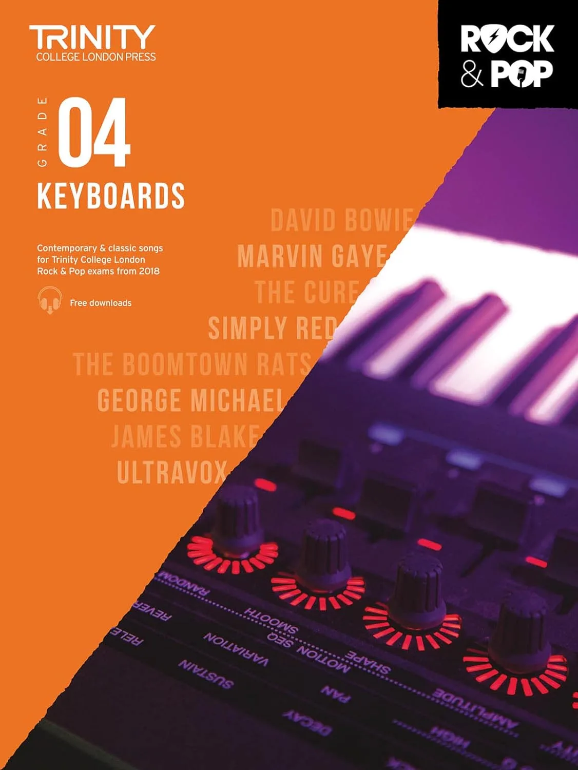 Cover of "Trinity College London Grade 4 Keyboards" music book with artist names and keyboard close-up.