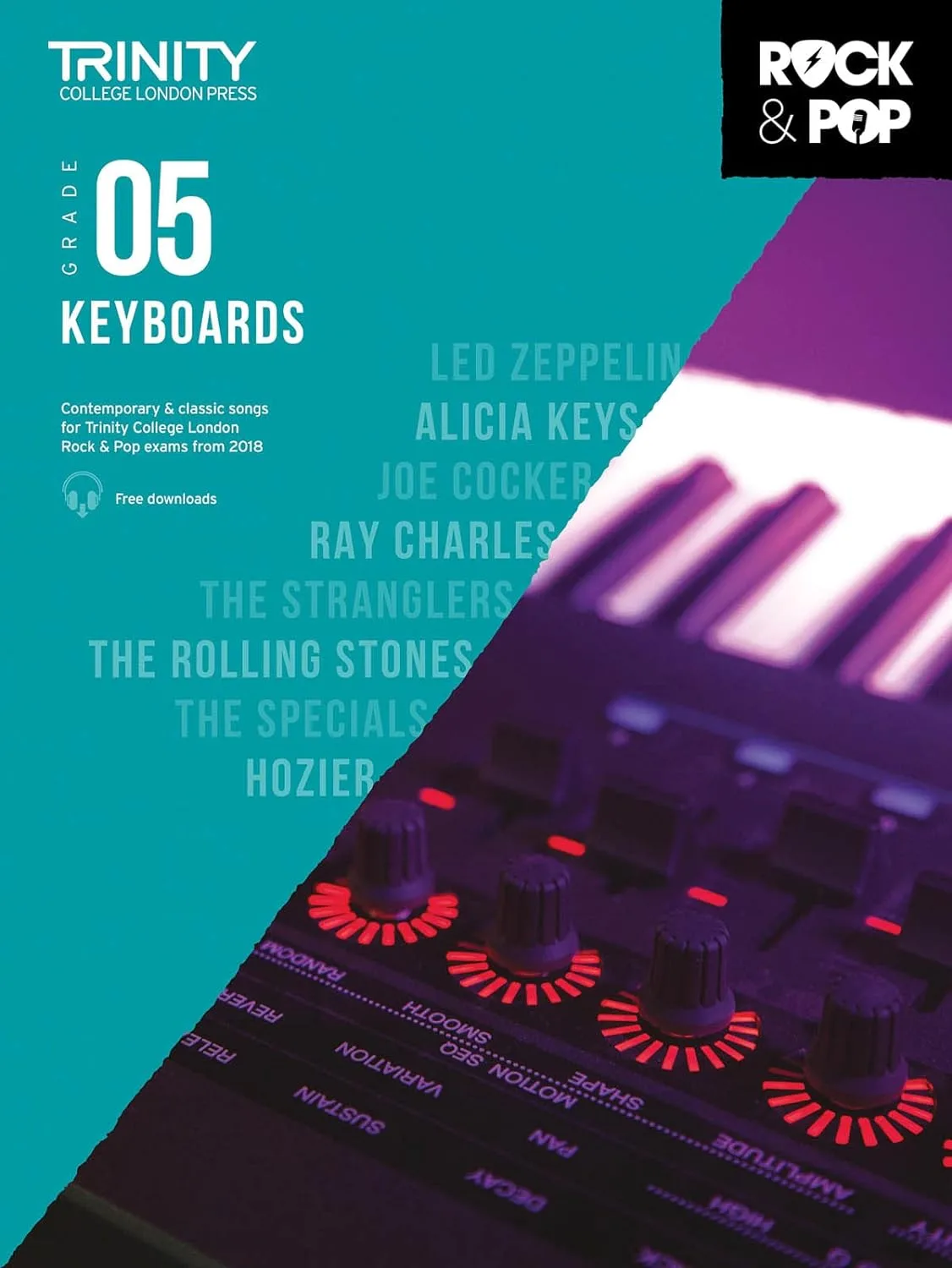 Cover of "Trinity College London Grade 5 Keyboards" music book with artist names and keyboard close-up.