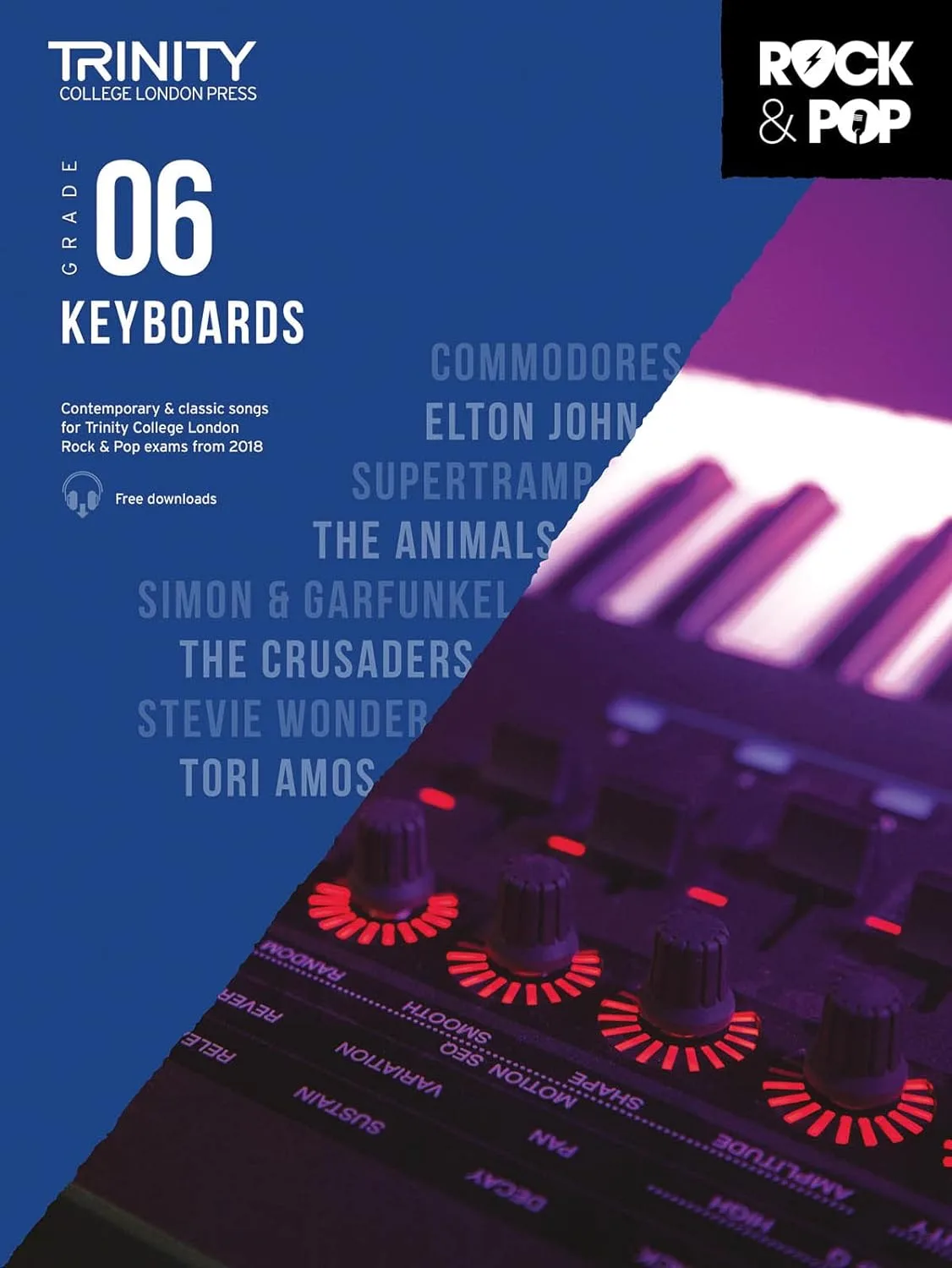 Cover of "Trinity College London Grade 6 Keyboards" music book with artist names and keyboard close-up.