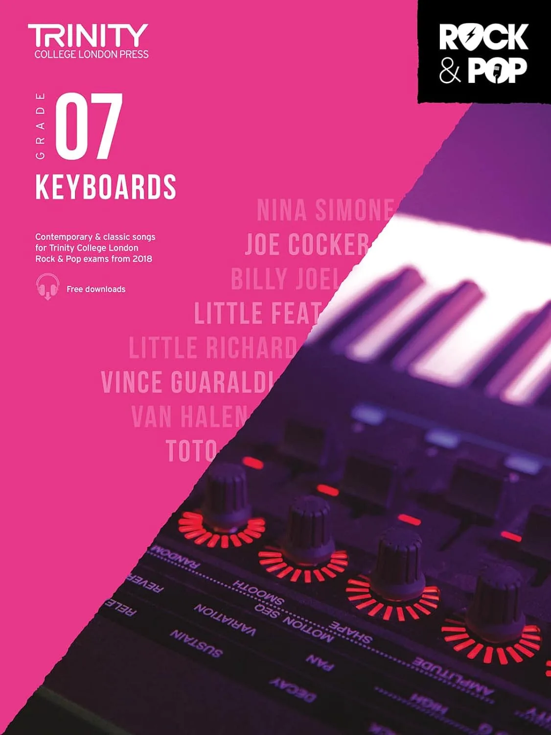 Cover of "Trinity College London Grade 7 Keyboards" music book with artist names and keyboard close-up.