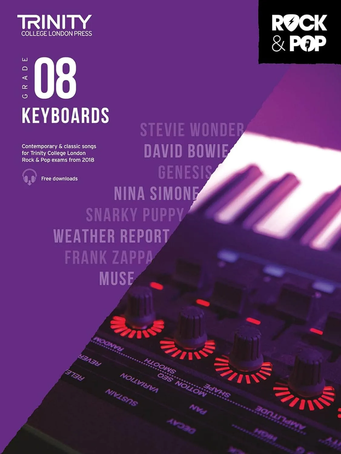 Cover of "Trinity College London Grade 8 Keyboards" music book with artist names and keyboard close-up.