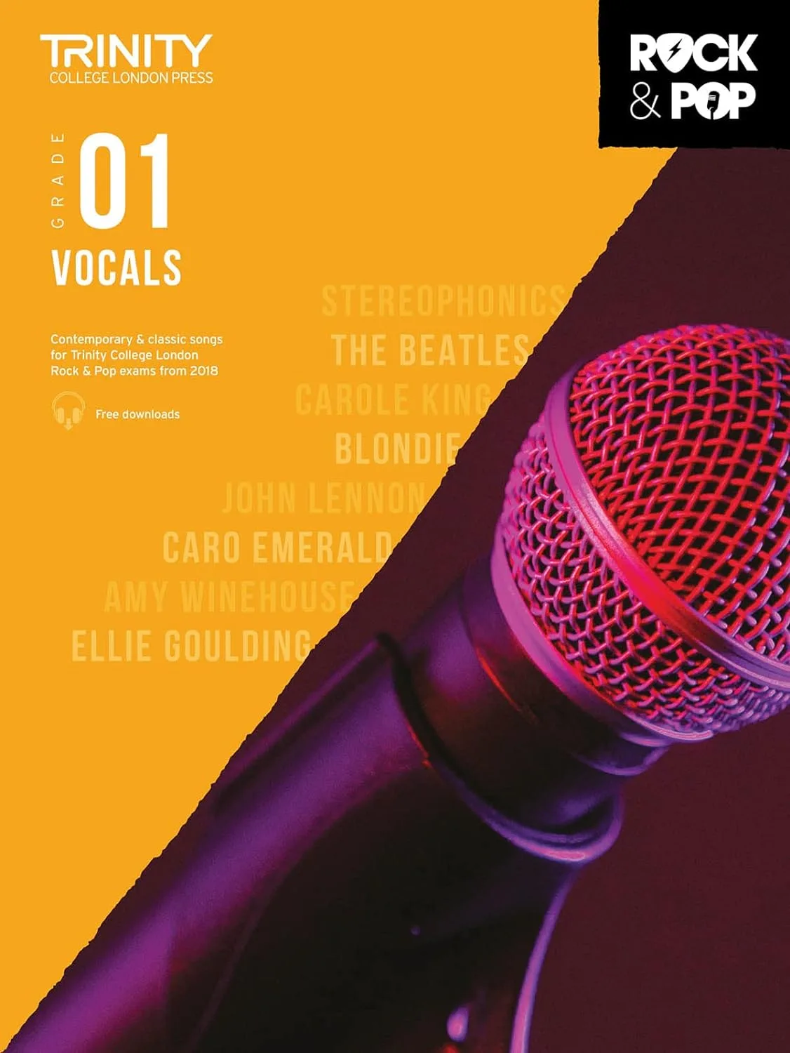 Cover for 'Trinity College London Grade 1 Vocals' songbook with a close-up of a red microphone.