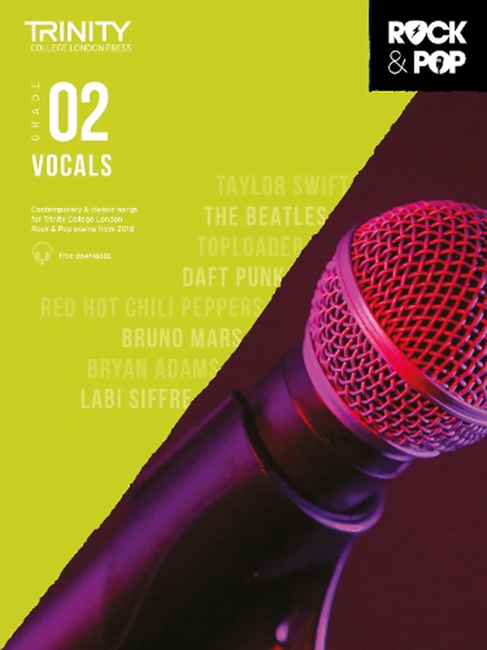 Cover of 'Trinity College London Grade 2 Vocals' songbook with a close-up of a red microphone.