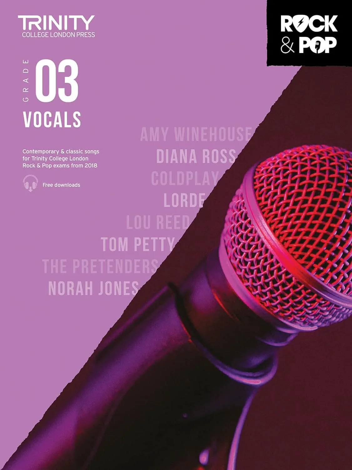 Cover of 'Trinity College London Grade 3 Vocals' songbook with a close-up of a red microphone.